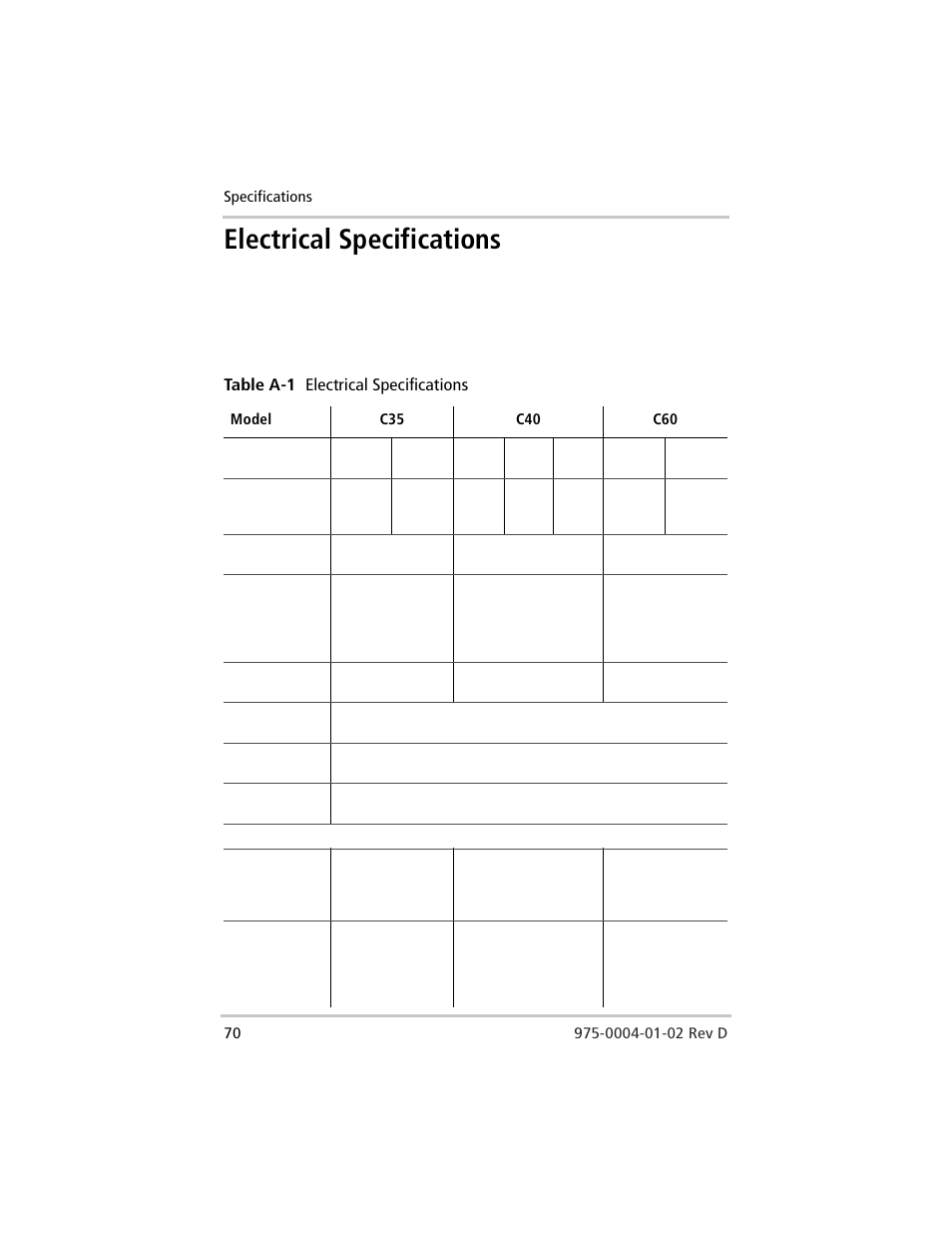 Electrical specifications, Table a-1 | Xantrex Technology C40 User Manual | Page 90 / 114
