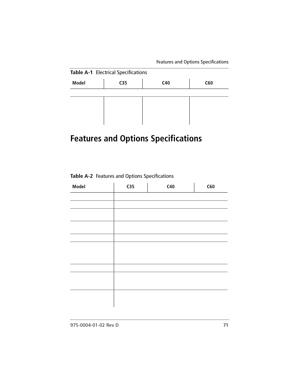 Features and options specifications, Table a-2 | Xantrex Technology C40 User Manual | Page 91 / 114