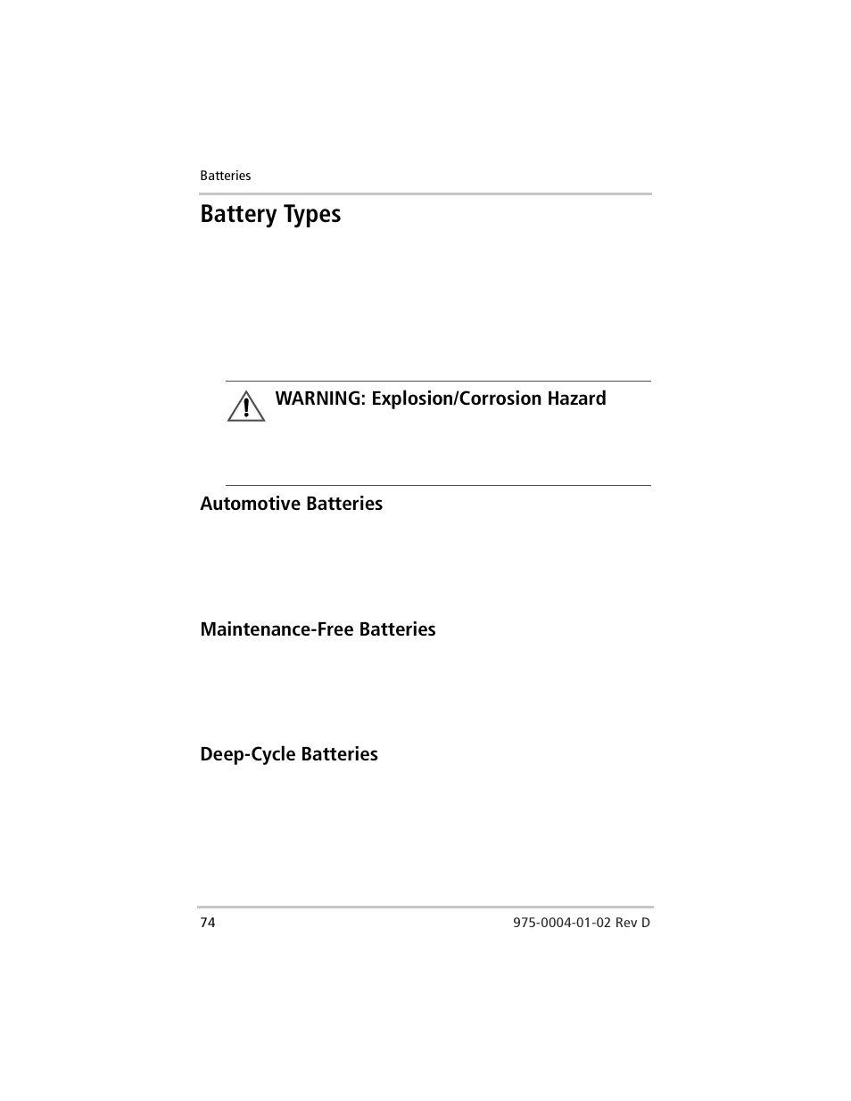 Battery types, Automotive batteries, Maintenance-free batteries | Deep-cycle batteries, Warning: explosion/corrosion hazard | Xantrex Technology C40 User Manual | Page 94 / 114