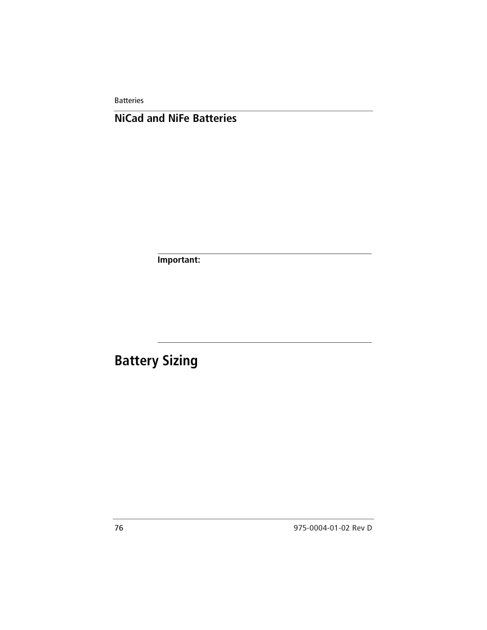 Nicad and nife batteries, Battery sizing | Xantrex Technology C40 User Manual | Page 96 / 114