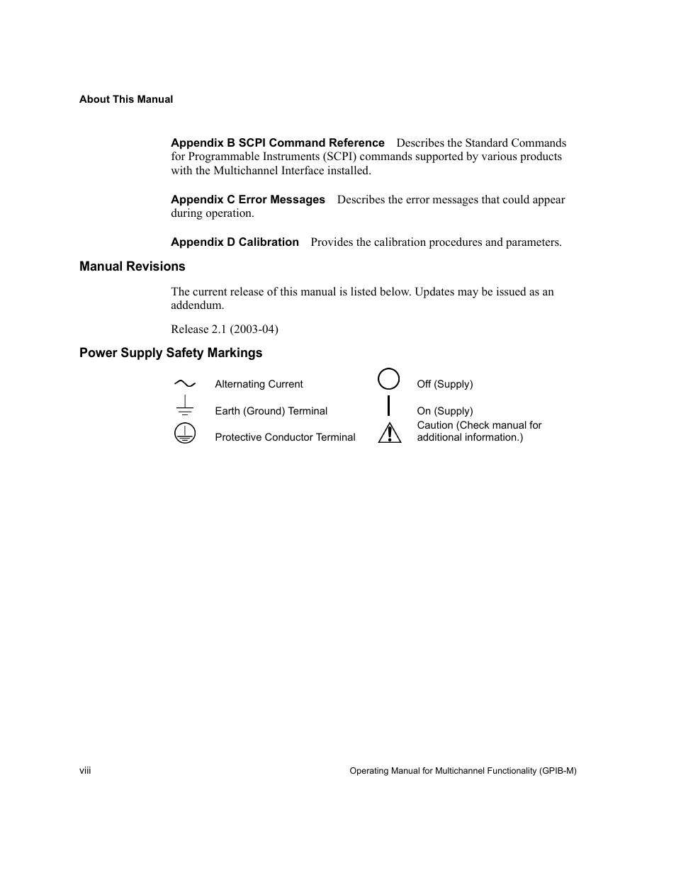 Appendixb scpi command reference, Appendixc error messages, Appendixd calibration | Manual revisions, Power supply safety markings | Xantrex Technology GPIB-M-XT User Manual | Page 10 / 134