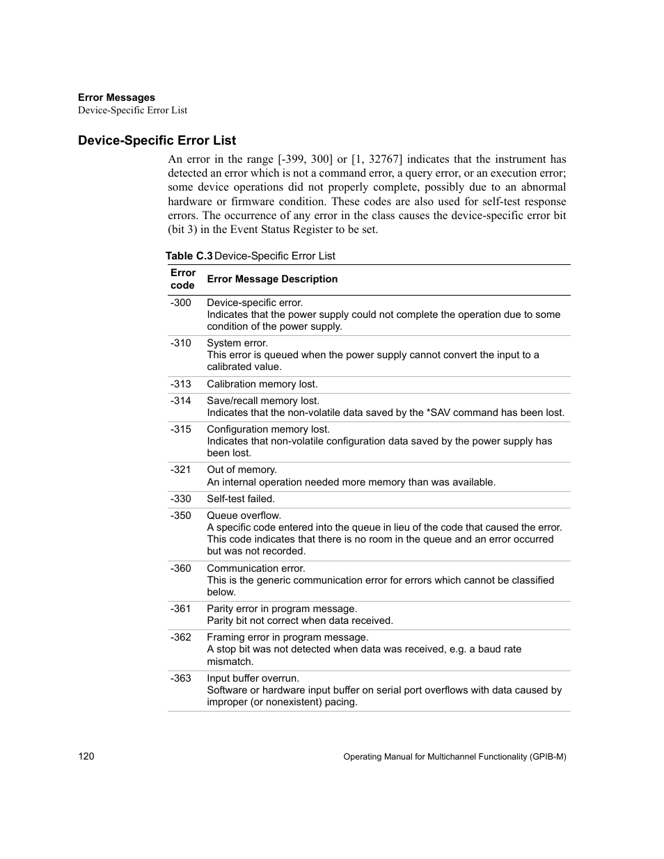 Device-specific error list, Table c.3 | Xantrex Technology GPIB-M-XT User Manual | Page 122 / 134