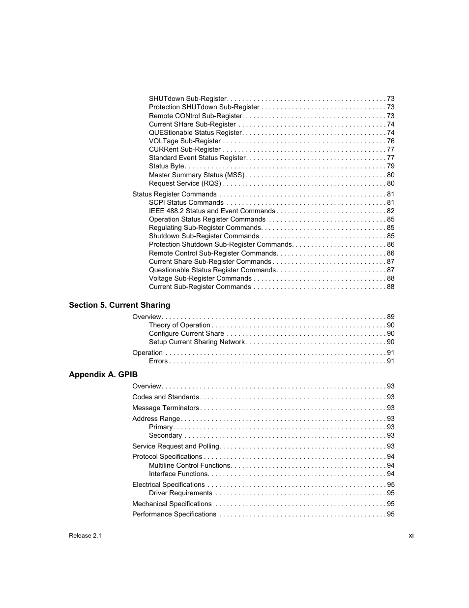 Section 5. current sharing, Appendixa. gpib | Xantrex Technology GPIB-M-XT User Manual | Page 13 / 134