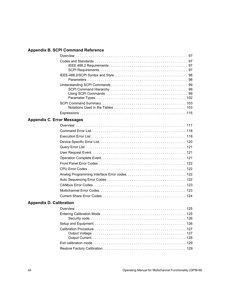 Appendixb. scpi command reference, Appendixc. error messages, Appendixd. calibration | Xantrex Technology GPIB-M-XT User Manual | Page 14 / 134