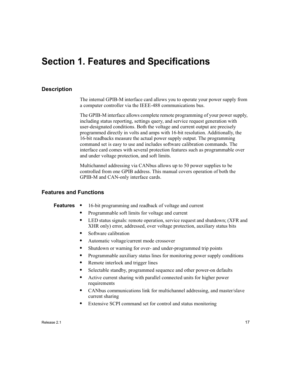 Section 1. features and specifications, Description, Features and functions | Features, Section 1. features and specifications, Description features and functions | Xantrex Technology GPIB-M-XT User Manual | Page 19 / 134