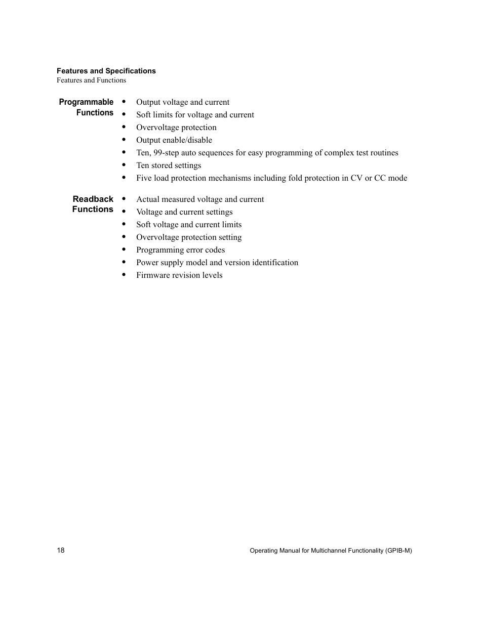 Programmable functions, Readback functions, Programmable functions readback functions | Xantrex Technology GPIB-M-XT User Manual | Page 20 / 134