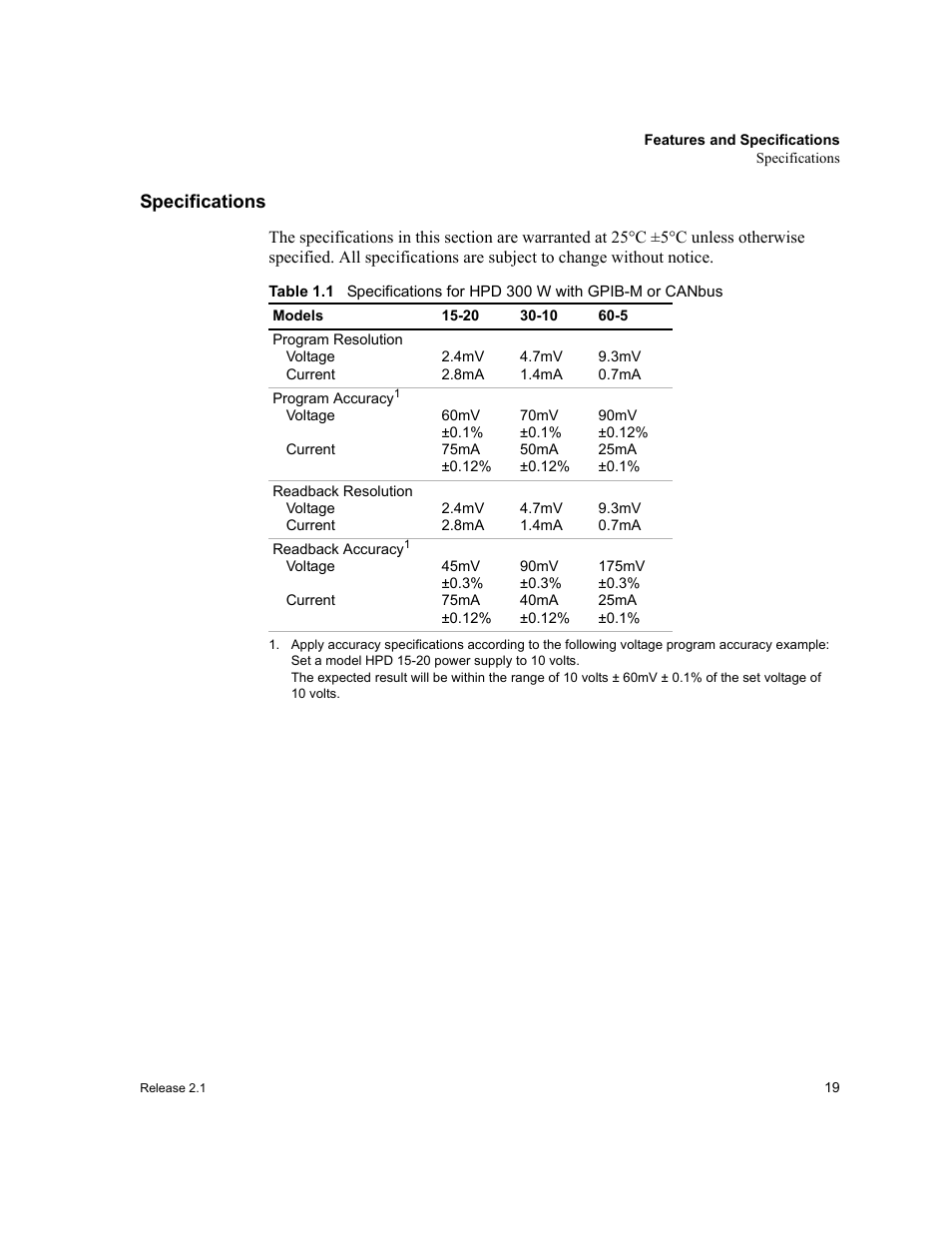 Specifications, Table 1.1, Specifications for hpd 300 w with gpib-m or canbus | Xantrex Technology GPIB-M-XT User Manual | Page 21 / 134