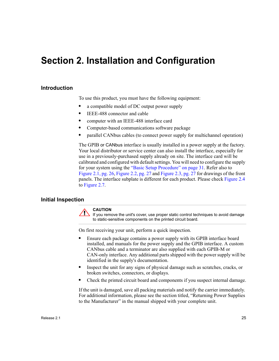 Section 2. installation and configuration, Introduction, Initial inspection | Section 2. installation and configuration, Introduction initial inspection | Xantrex Technology GPIB-M-XT User Manual | Page 27 / 134