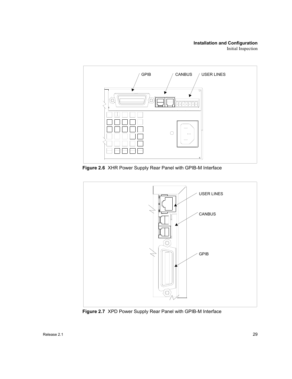 Figure 2.6, Xhr power supply rear panel with gpib-m interface, Figure 2.7 | Xpd power supply rear panel with gpib-m interface | Xantrex Technology GPIB-M-XT User Manual | Page 31 / 134