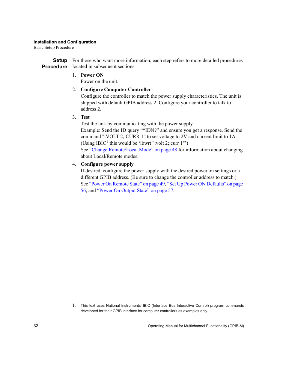 Setup procedure, Power on power on the unit | Xantrex Technology GPIB-M-XT User Manual | Page 34 / 134