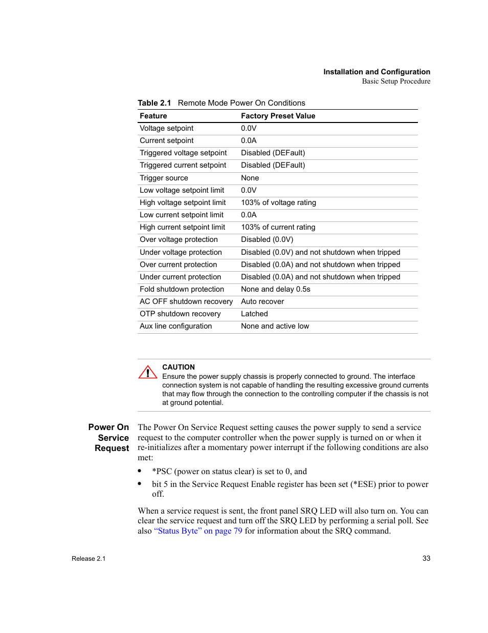 Power on service request, Table 2.1, Remote mode power on conditions | Xantrex Technology GPIB-M-XT User Manual | Page 35 / 134