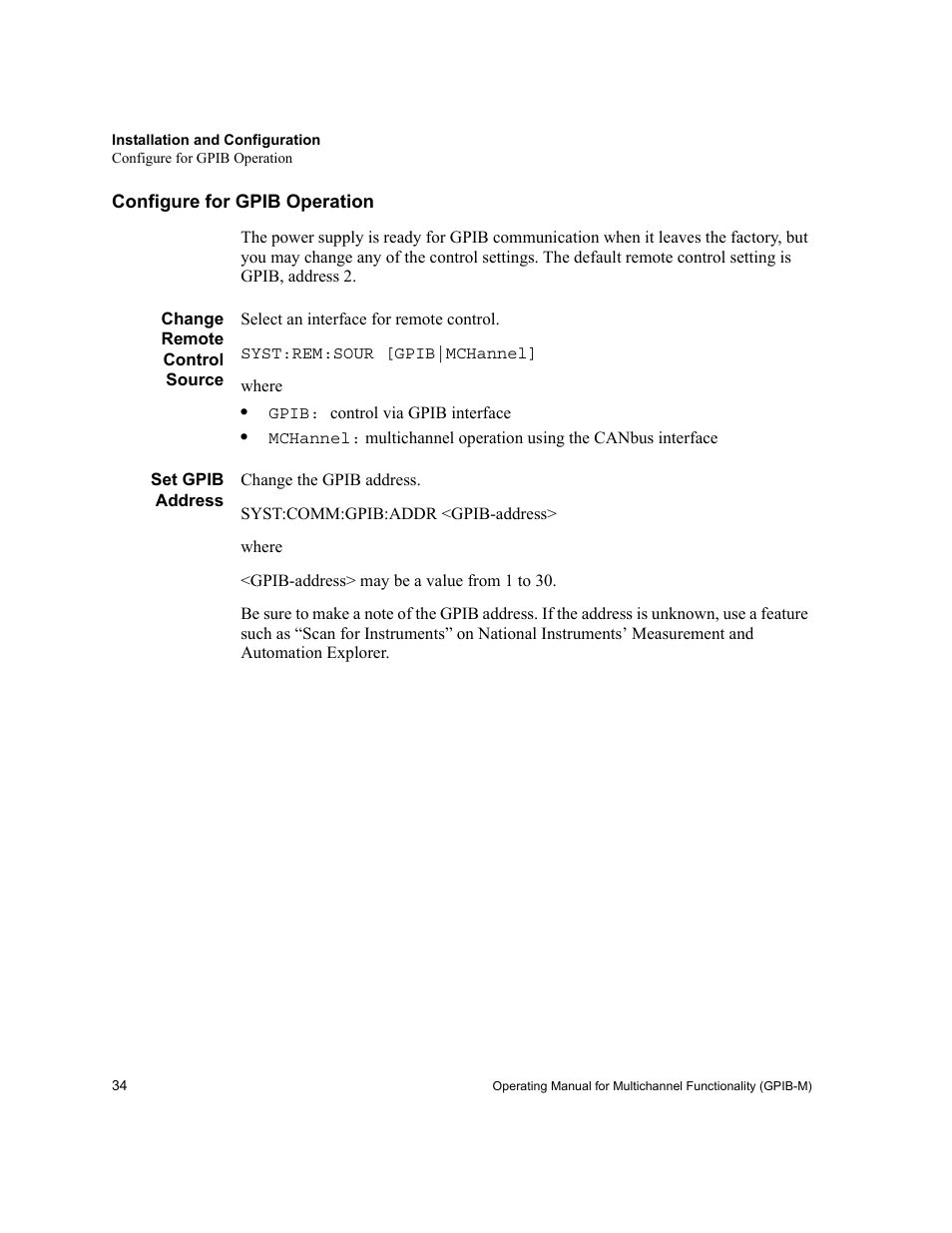 Configure for gpib operation, Change remote control source, Set gpib address | Change remote control source set gpib address | Xantrex Technology GPIB-M-XT User Manual | Page 36 / 134