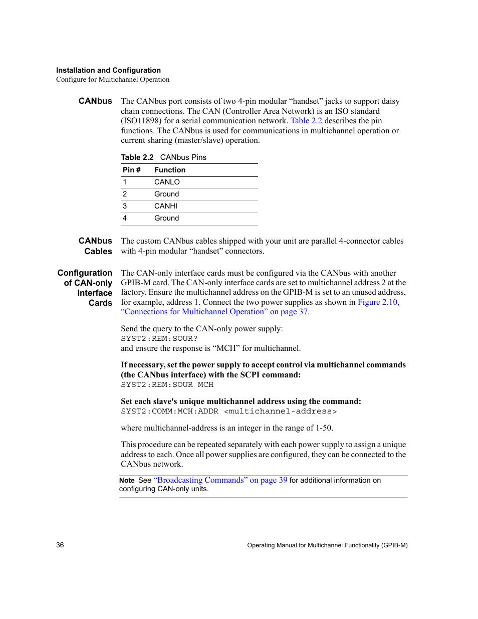 Canbus, Canbus cables, Configuration of can-only interface cards | Note, Table 2.2, Canbus pins | Xantrex Technology GPIB-M-XT User Manual | Page 38 / 134