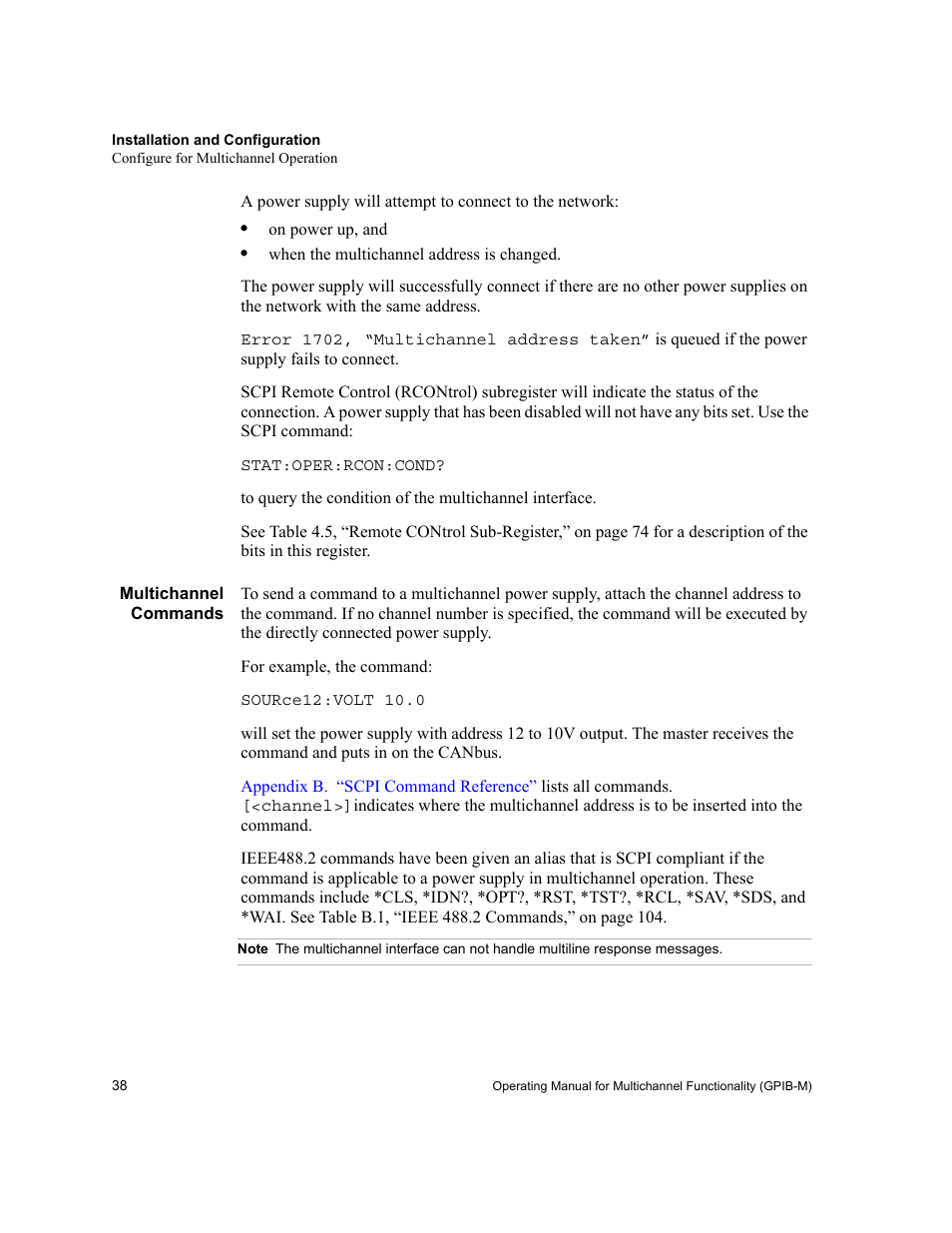 Multichannel commands, Note | Xantrex Technology GPIB-M-XT User Manual | Page 40 / 134