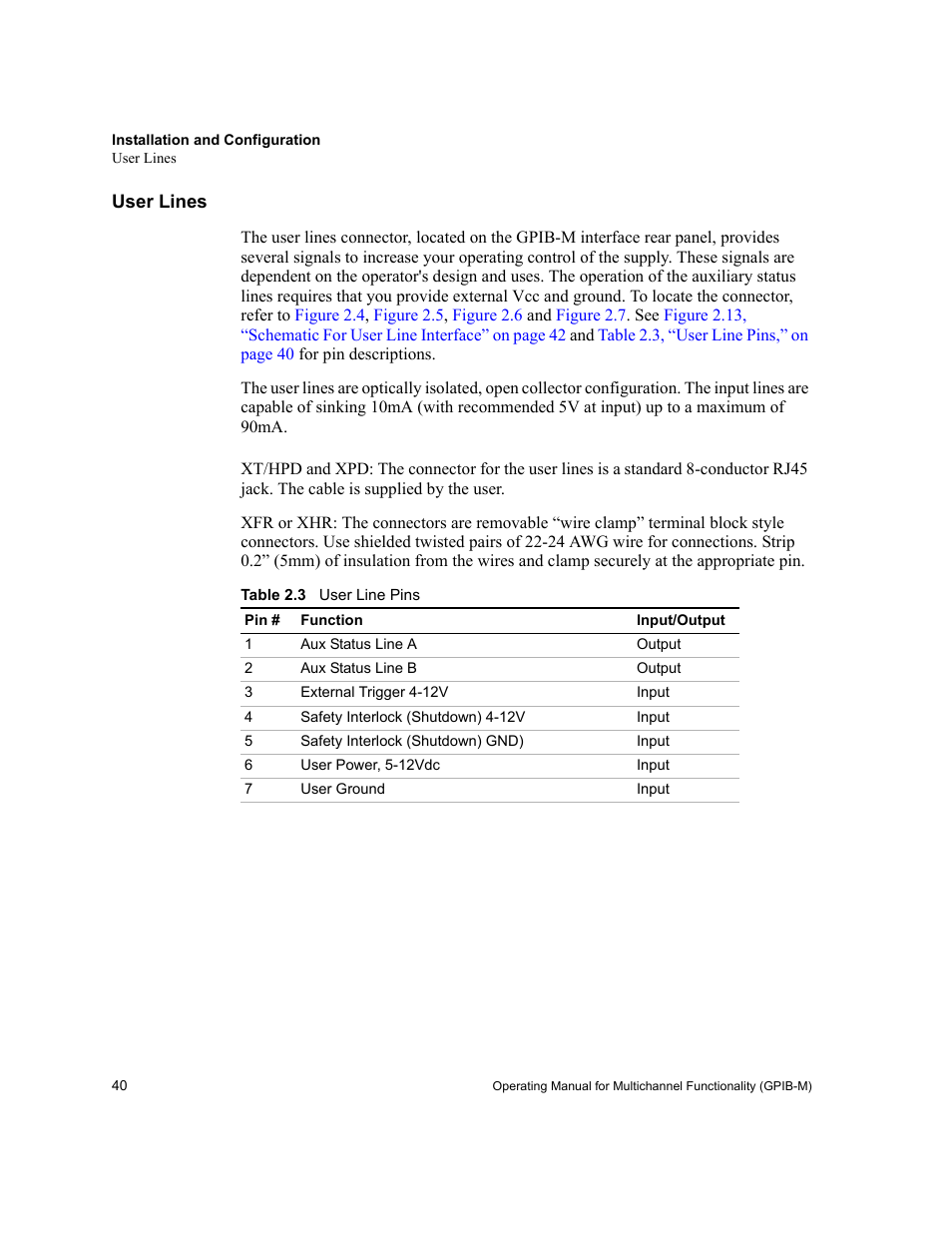 User lines, Table 2.3, User line pins | Xantrex Technology GPIB-M-XT User Manual | Page 42 / 134