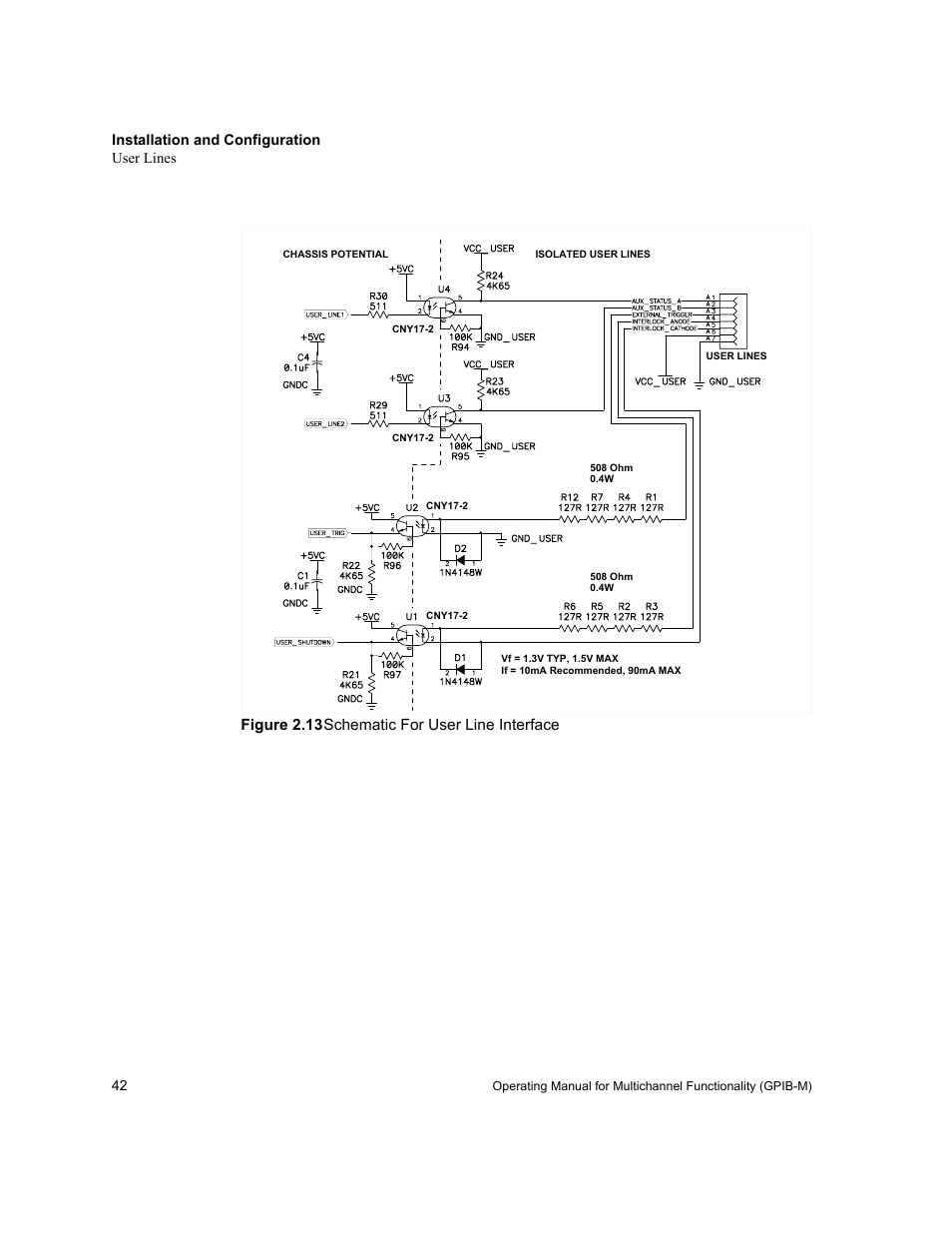 Figure 2.13 schematic for user line interface, Figure 2.13, Schematic for user line interface | Xantrex Technology GPIB-M-XT User Manual | Page 44 / 134