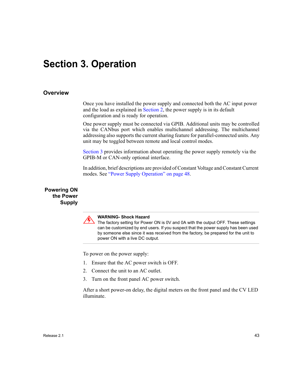 Section 3. operation, Section 3. operation, Overview | Powering on the power supply | Xantrex Technology GPIB-M-XT User Manual | Page 45 / 134