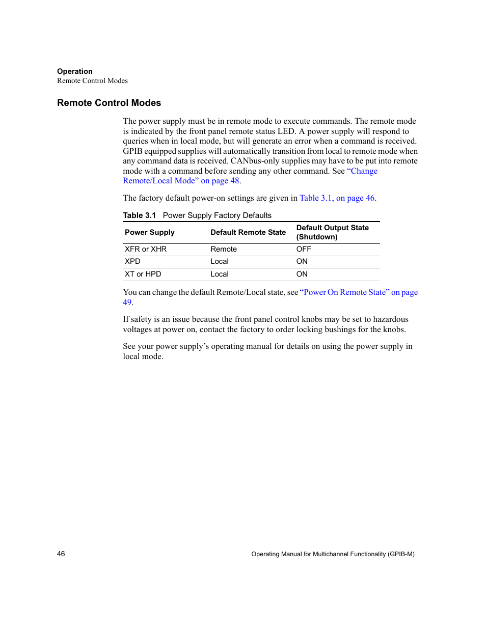 Remote control modes, Table 3.1, Power supply factory defaults | Xantrex Technology GPIB-M-XT User Manual | Page 48 / 134