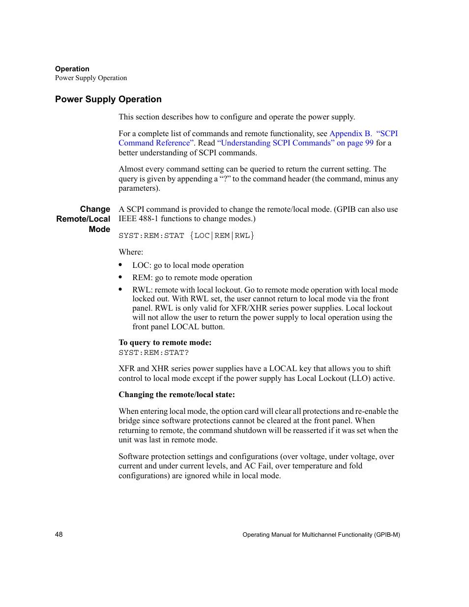 Power supply operation, Change remote/local mode, For information about | Nding any other command. see, Change | Xantrex Technology GPIB-M-XT User Manual | Page 50 / 134