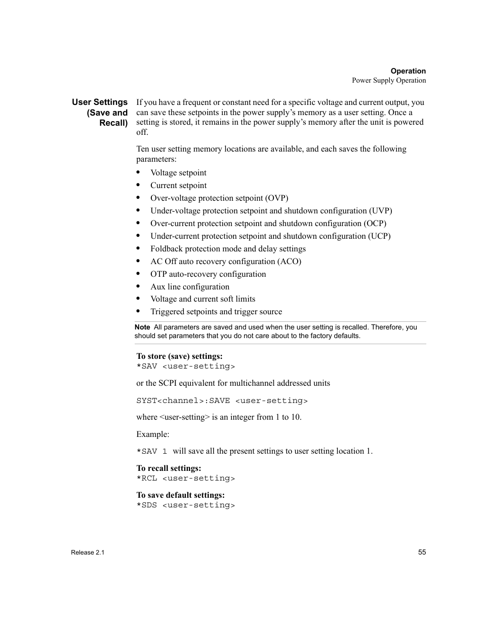 User settings (save and recall) | Xantrex Technology GPIB-M-XT User Manual | Page 57 / 134