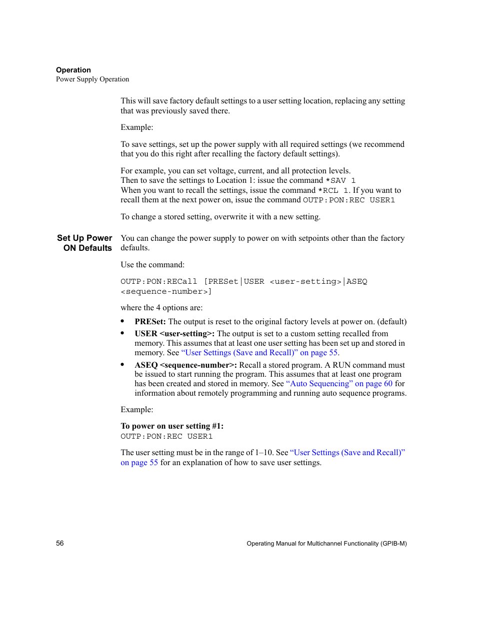 Set up power on defaults | Xantrex Technology GPIB-M-XT User Manual | Page 58 / 134