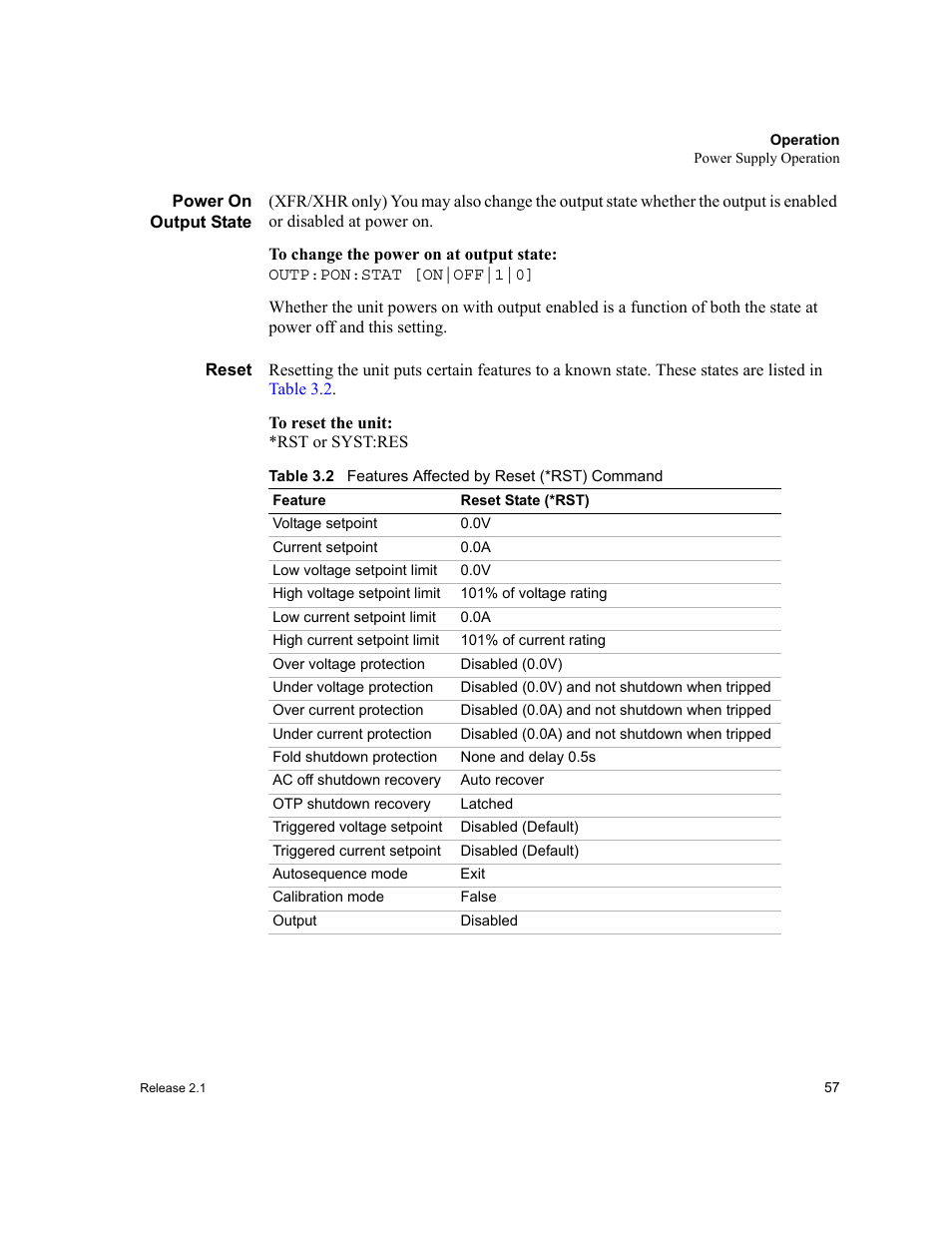 Power on output state reset, Table 3.2, Features affected by reset (*rst) command | Xantrex Technology GPIB-M-XT User Manual | Page 59 / 134