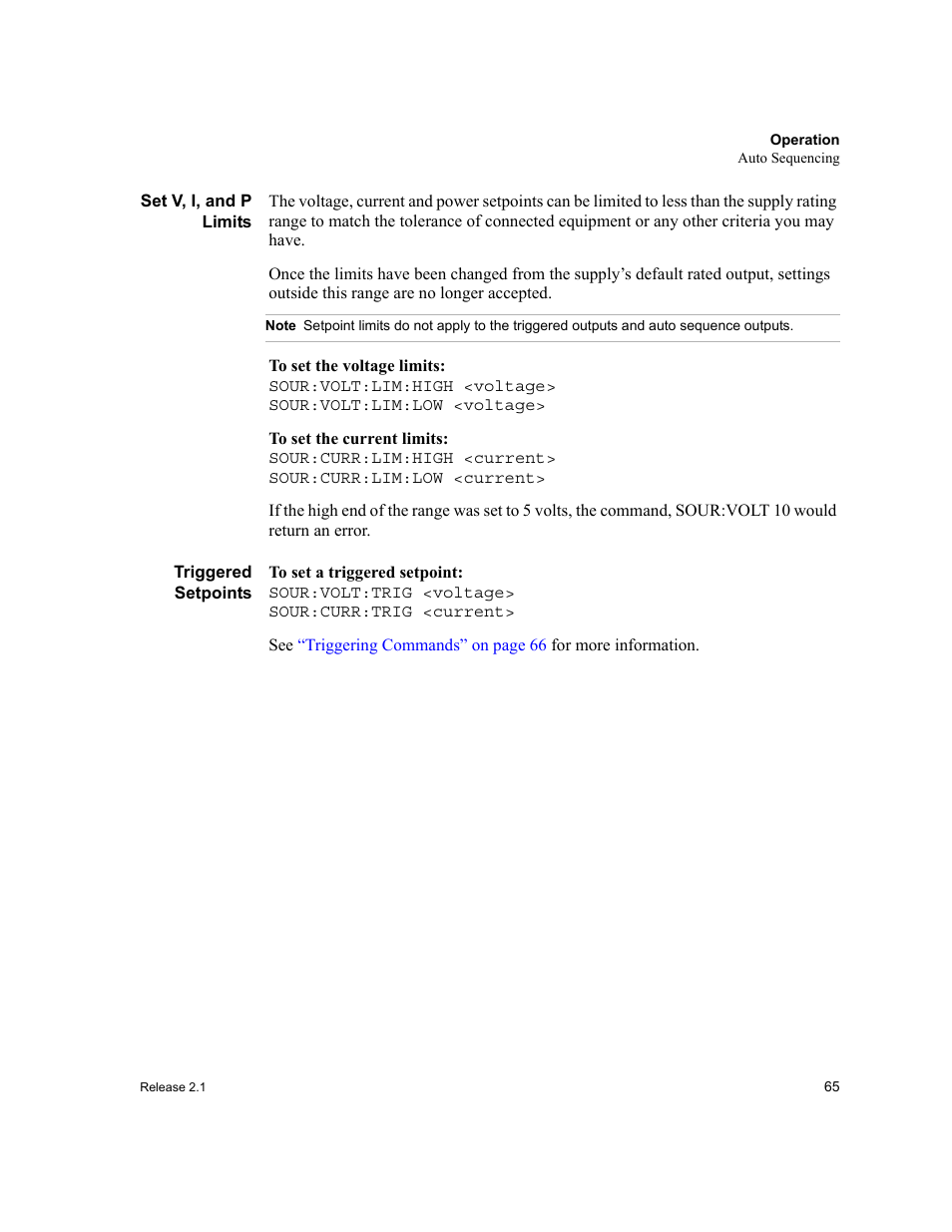 Set v, i, and p limits triggered setpoints | Xantrex Technology GPIB-M-XT User Manual | Page 67 / 134