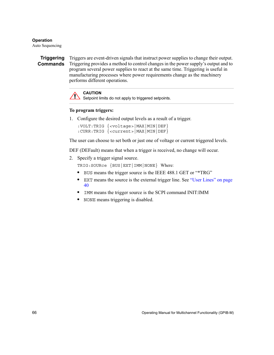 Triggering commands | Xantrex Technology GPIB-M-XT User Manual | Page 68 / 134