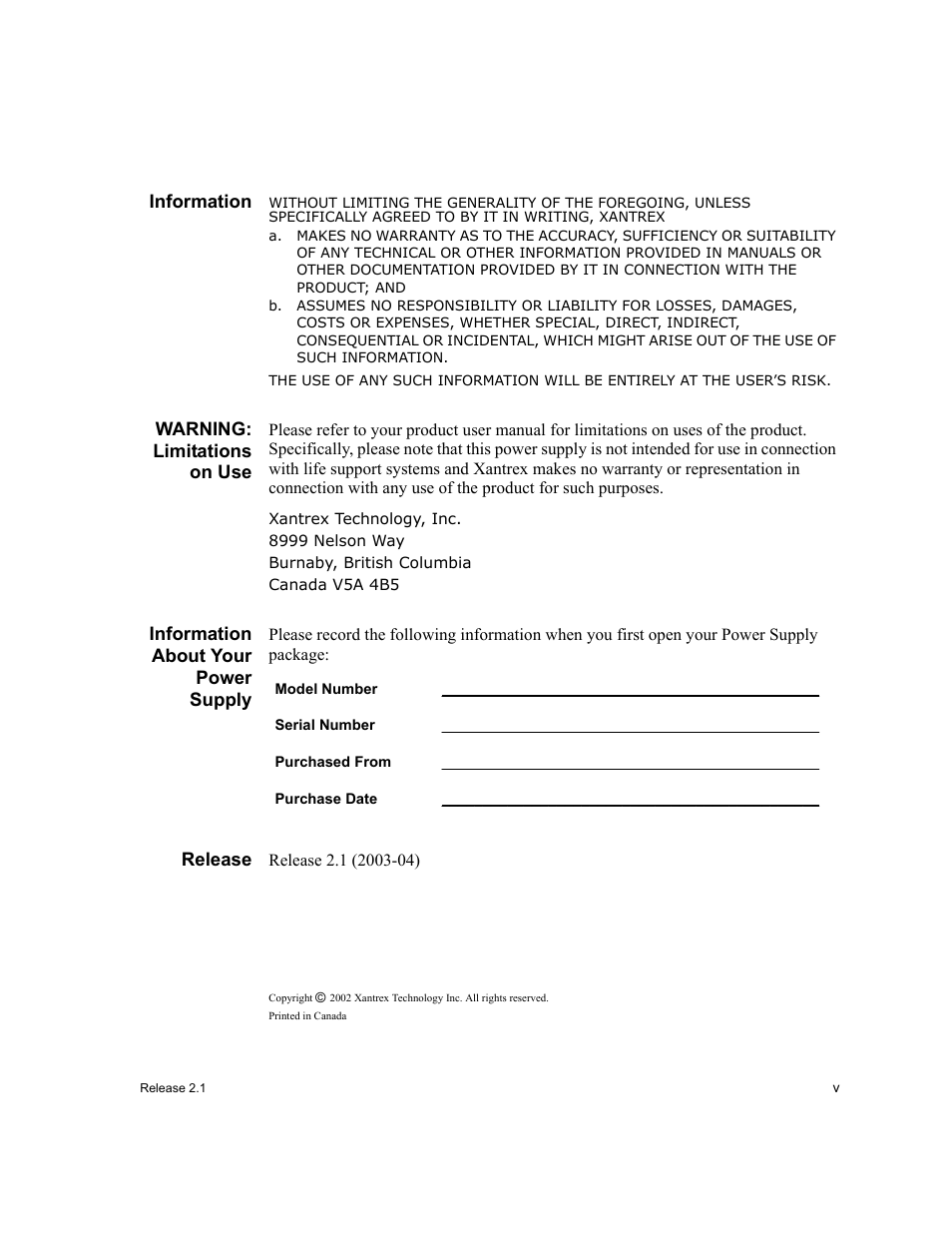 Information, Warning: limitations on use, Information about your power supply | Release | Xantrex Technology GPIB-M-XT User Manual | Page 7 / 134