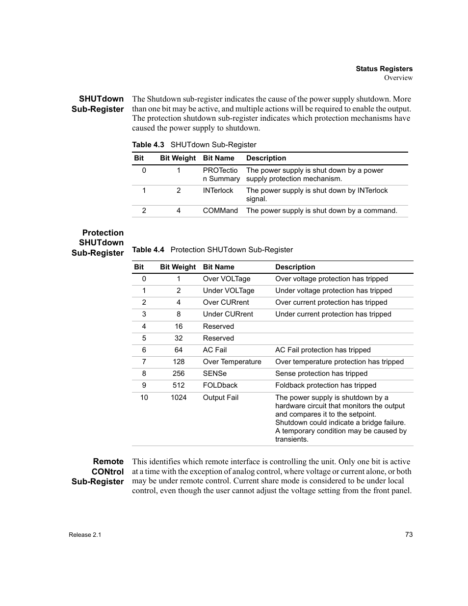 Table 4.3, Shutdown sub-register, Table 4.4 | Protection shutdown sub-register | Xantrex Technology GPIB-M-XT User Manual | Page 75 / 134