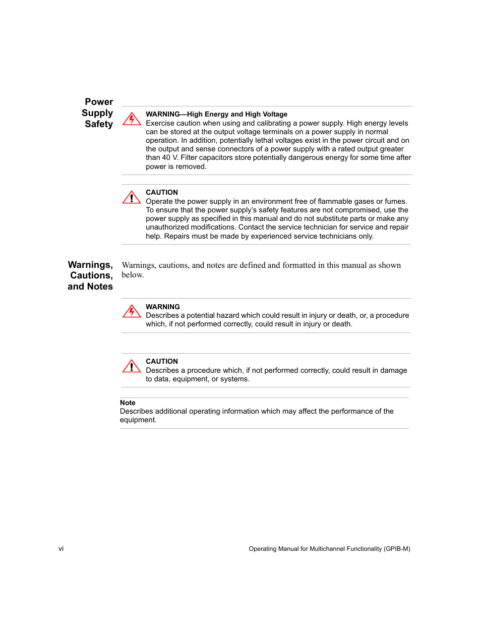 Power supply safety, Warnings, cautions, and notes, Note | Xantrex Technology GPIB-M-XT User Manual | Page 8 / 134