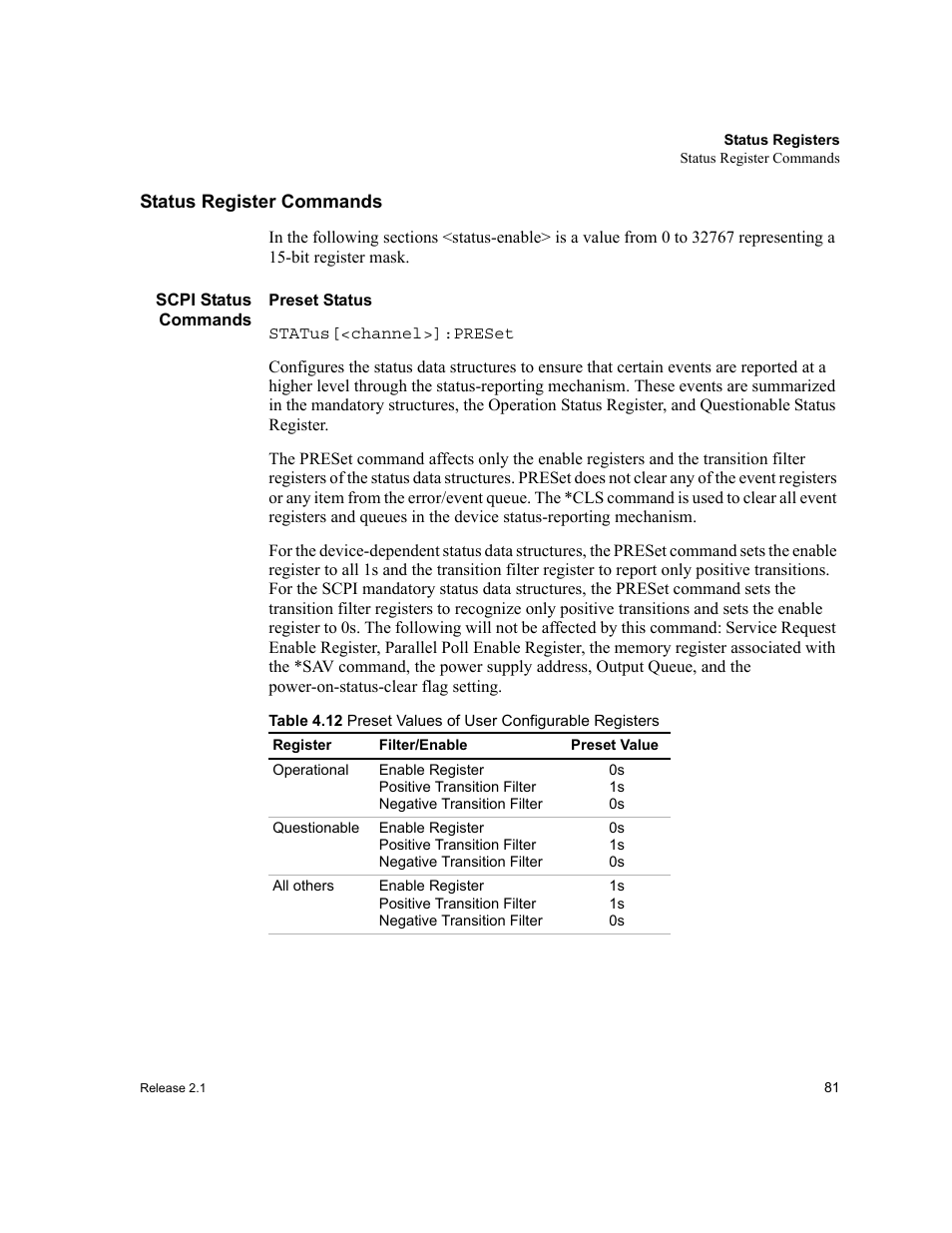 Status register commands, Scpi status commands, Table 4.12 | Preset values of user configurable registers | Xantrex Technology GPIB-M-XT User Manual | Page 83 / 134