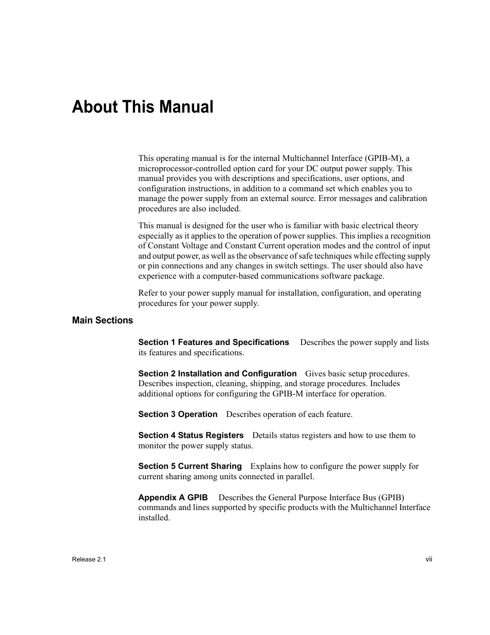 About this manual, Main sections, Section1 features and specifications | Section2 installation and configuration, Section3 operation, Section4 status registers, Section5 current sharing, Appendixa gpib | Xantrex Technology GPIB-M-XT User Manual | Page 9 / 134