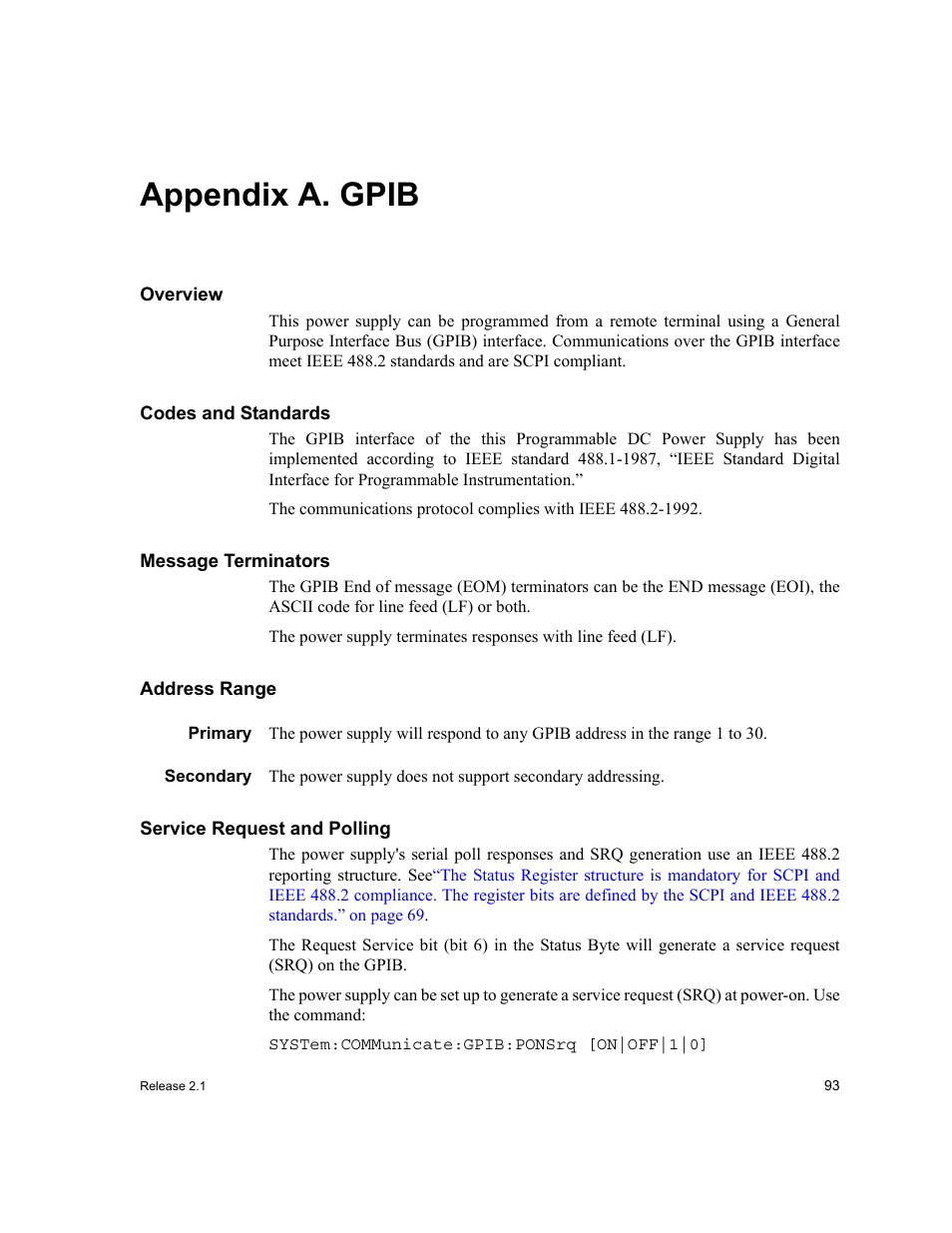 Appendixa. gpib, Appendix a. gpib, Primary secondary | Service request and polling | Xantrex Technology GPIB-M-XT User Manual | Page 95 / 134