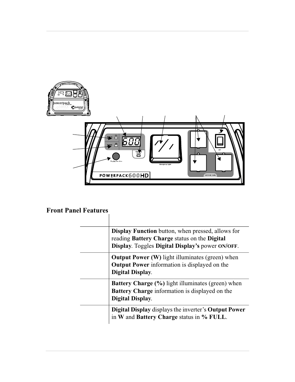 Parts & controls, Front panel, Xpower powerpack 600hd features | Front panel detail | Xantrex Technology 600HD User Manual | Page 17 / 64