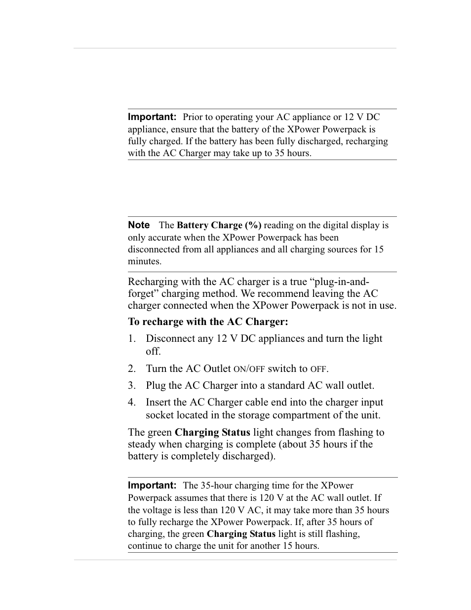 Using the powerpack for the first time, Recharging with the ac charger | Xantrex Technology 600HD User Manual | Page 26 / 64