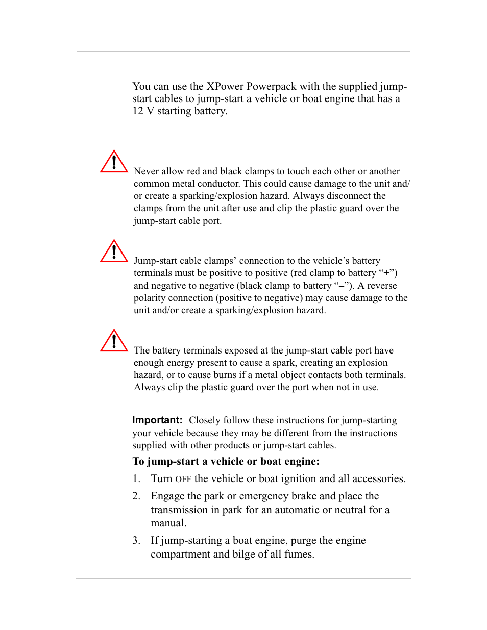 Jump-starting a vehicle’s engine, Warning: fire hazard, Warning: risk of explosion, fire or burns | Xantrex Technology 600HD User Manual | Page 33 / 64