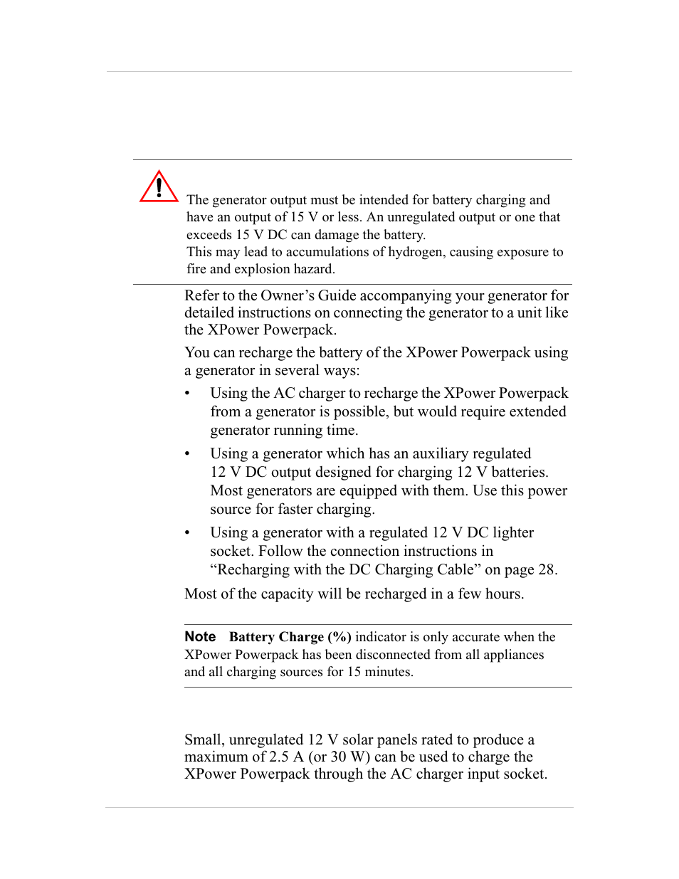 Recharging from a solar panel, Warning: fire and explosion hazard | Xantrex Technology 600HD User Manual | Page 43 / 64