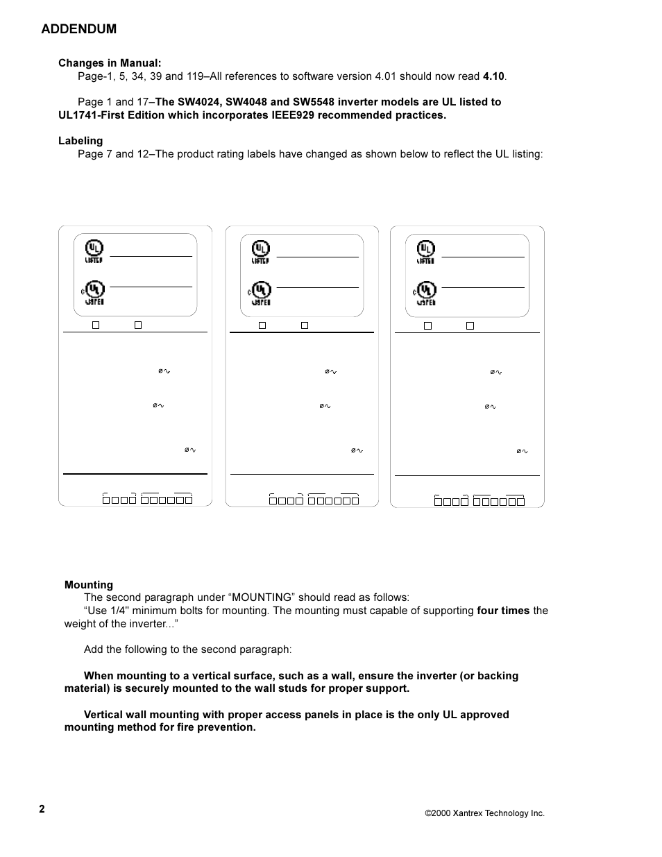 Addendum, 2000 xantrex technology inc | Xantrex Technology SW5548 User Manual | Page 4 / 8