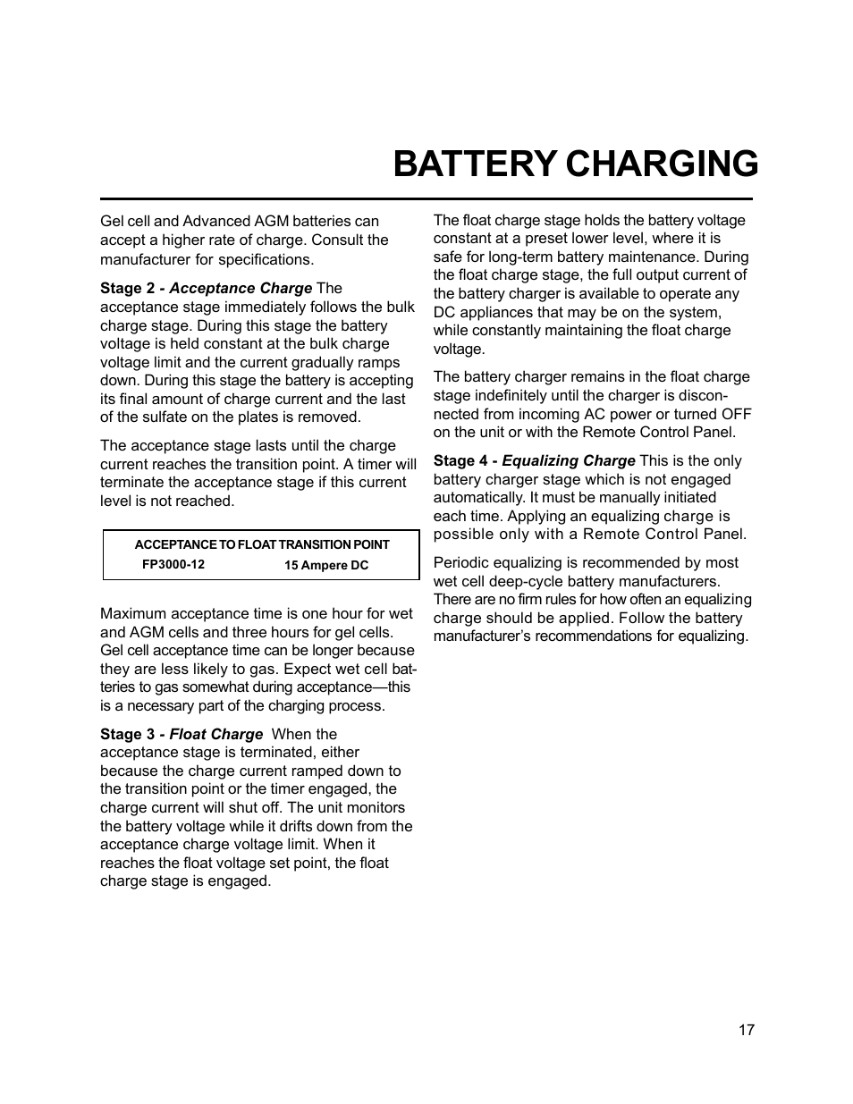 Battery charging | Xantrex Technology FP 3000-12 User Manual | Page 17 / 48