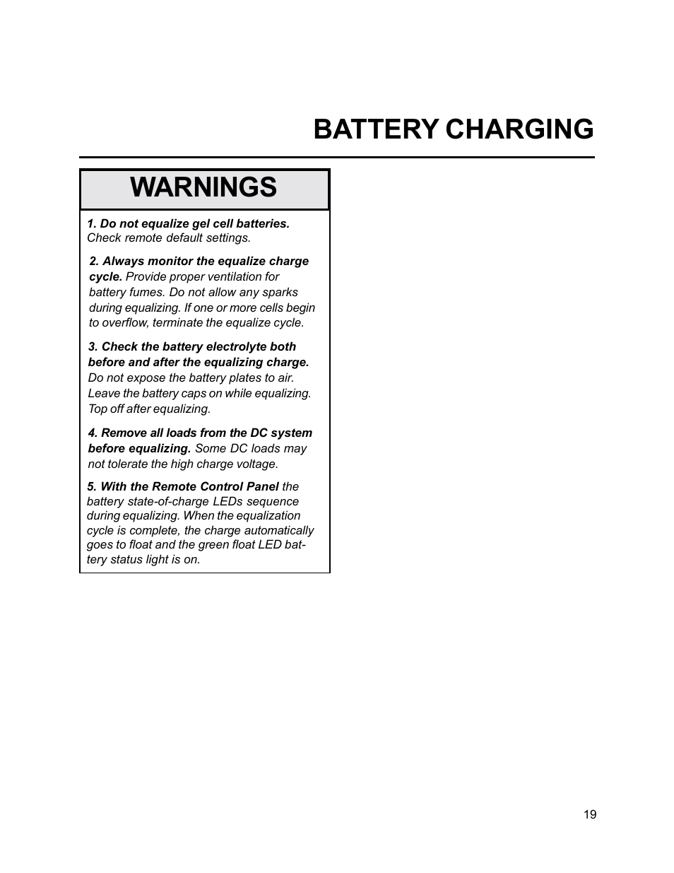 Battery charging, Warnings | Xantrex Technology FP 3000-12 User Manual | Page 19 / 48