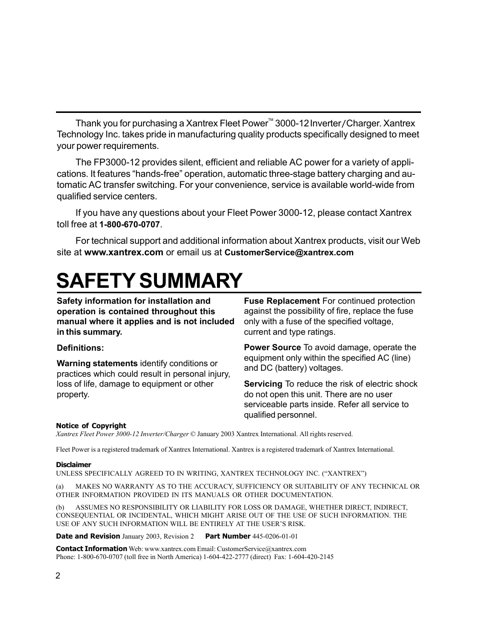 Safety summary | Xantrex Technology FP 3000-12 User Manual | Page 2 / 48