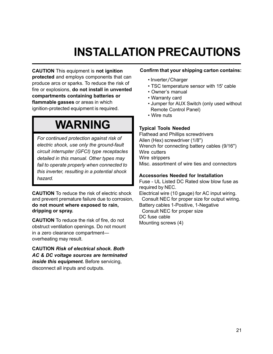 Installation precautions, Warning | Xantrex Technology FP 3000-12 User Manual | Page 21 / 48