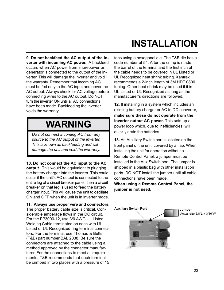 Installation, Warning | Xantrex Technology FP 3000-12 User Manual | Page 23 / 48