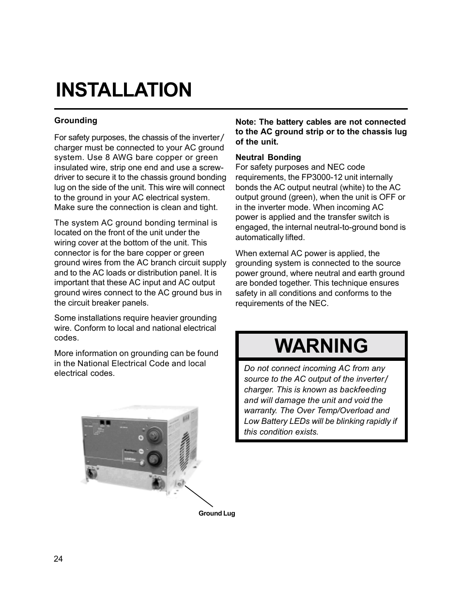 Warning, Installation | Xantrex Technology FP 3000-12 User Manual | Page 24 / 48