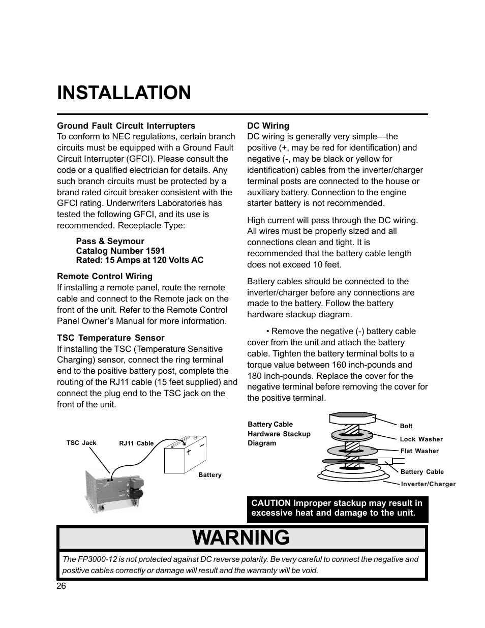 Warning, Installation | Xantrex Technology FP 3000-12 User Manual | Page 26 / 48