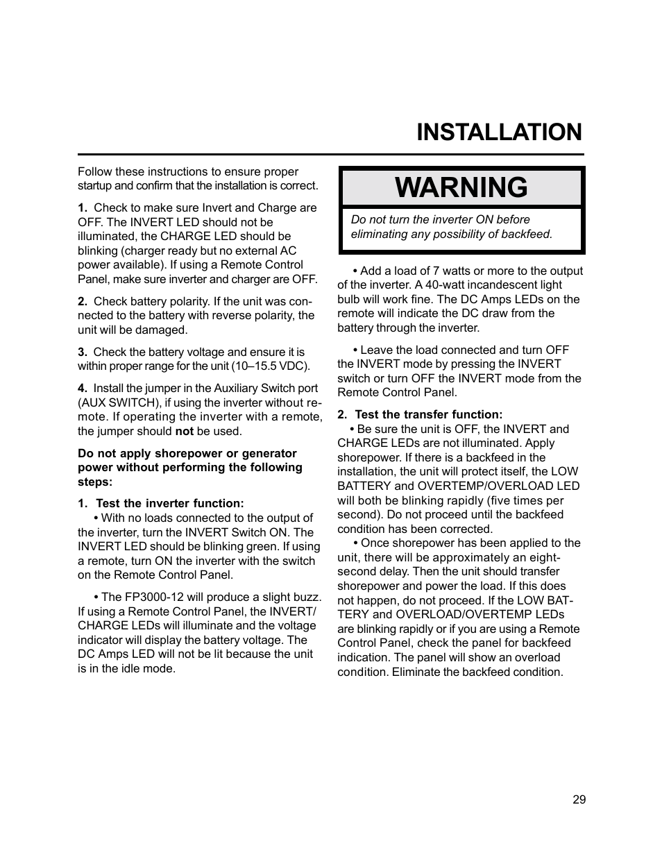 Warning, Installation | Xantrex Technology FP 3000-12 User Manual | Page 29 / 48