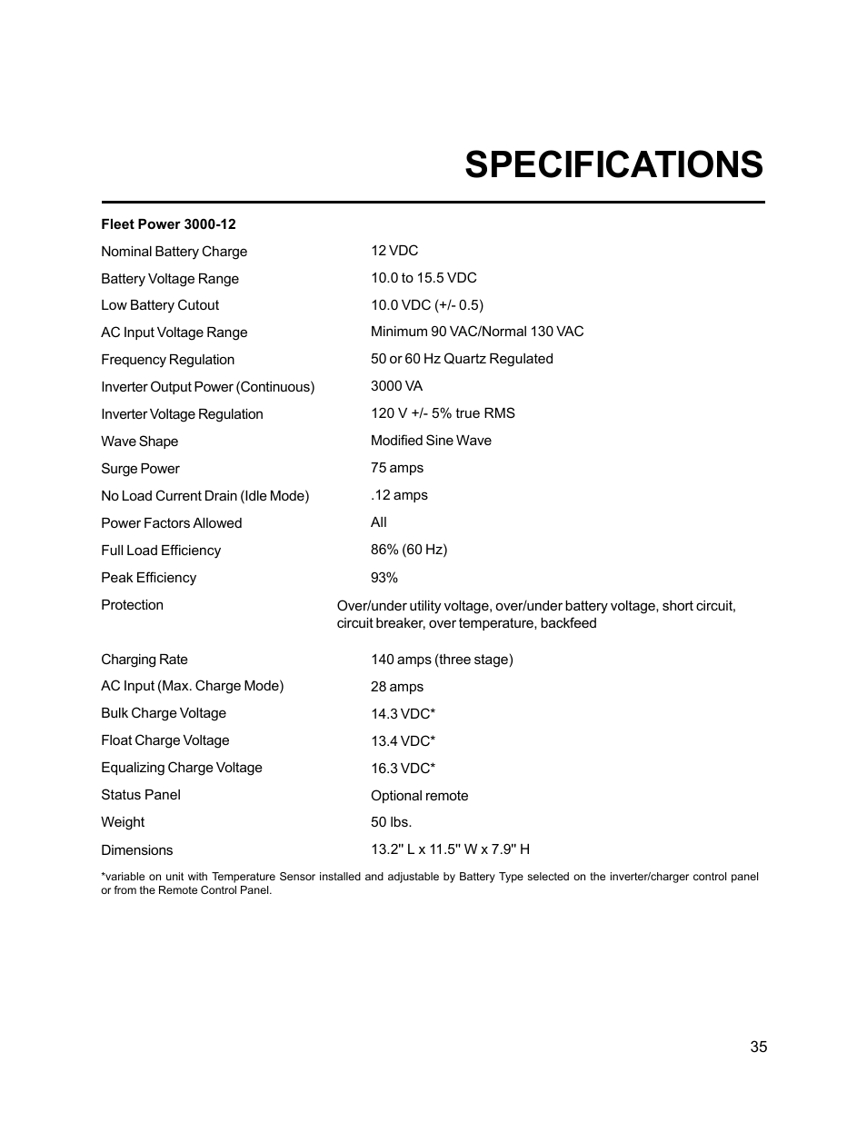 Specifications | Xantrex Technology FP 3000-12 User Manual | Page 35 / 48