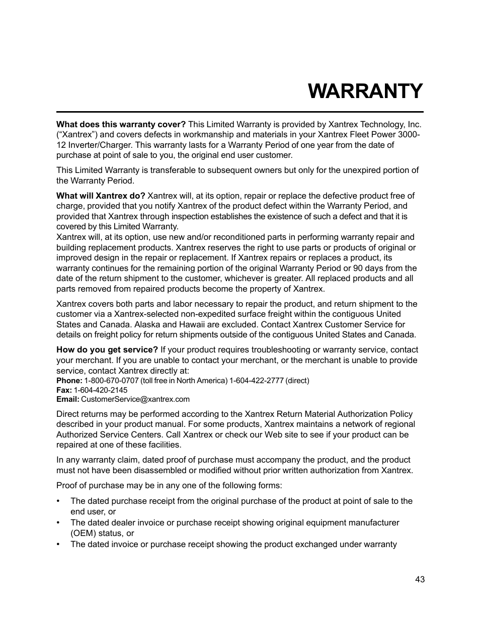 Warranty | Xantrex Technology FP 3000-12 User Manual | Page 43 / 48