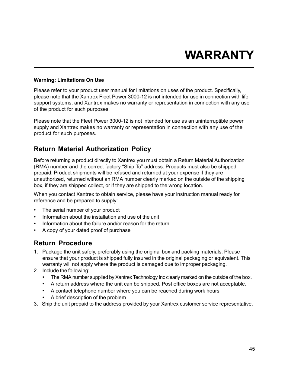 Warranty | Xantrex Technology FP 3000-12 User Manual | Page 45 / 48